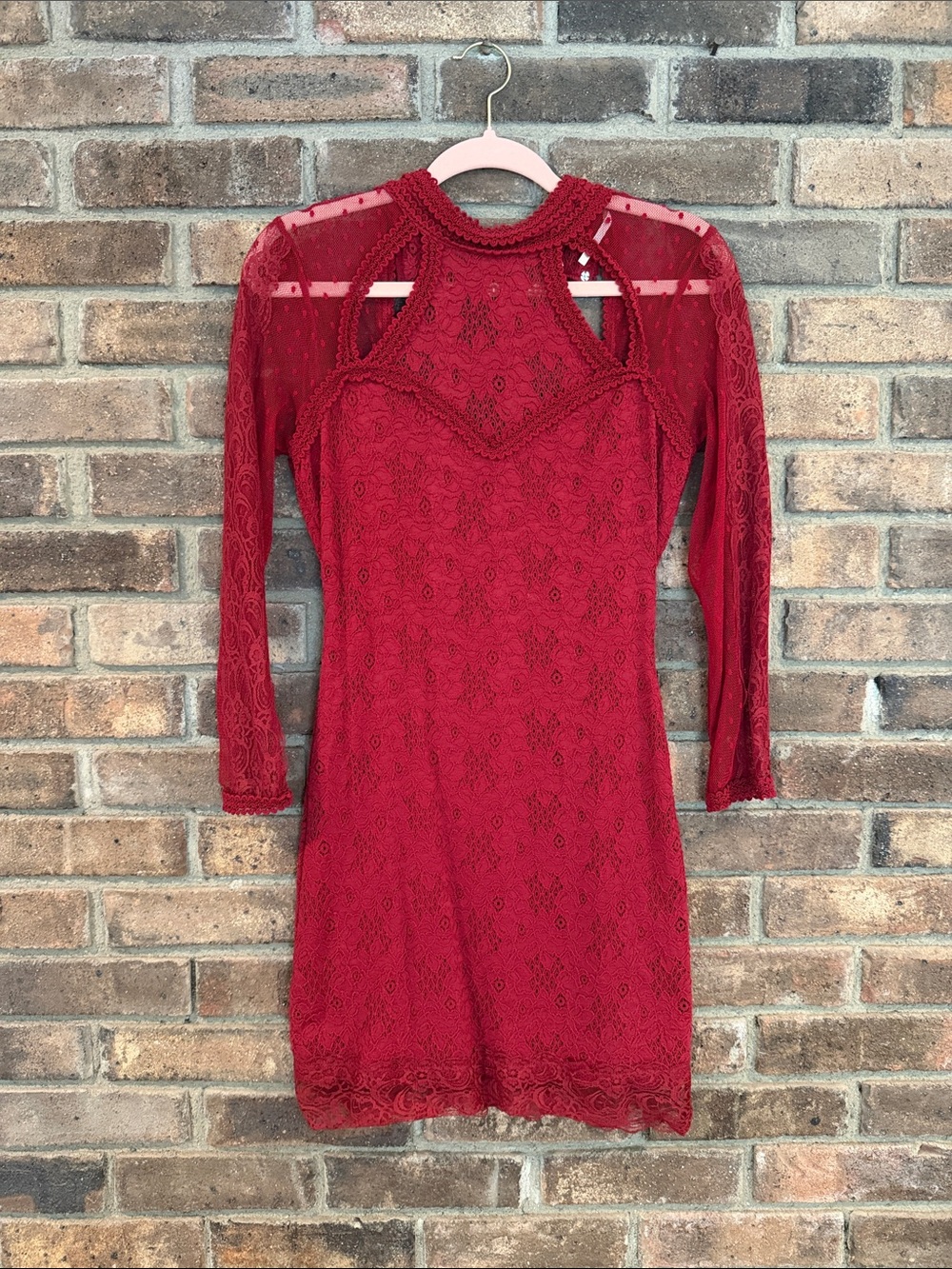 Free People Red Lace Long-Sleeve Mini Dress